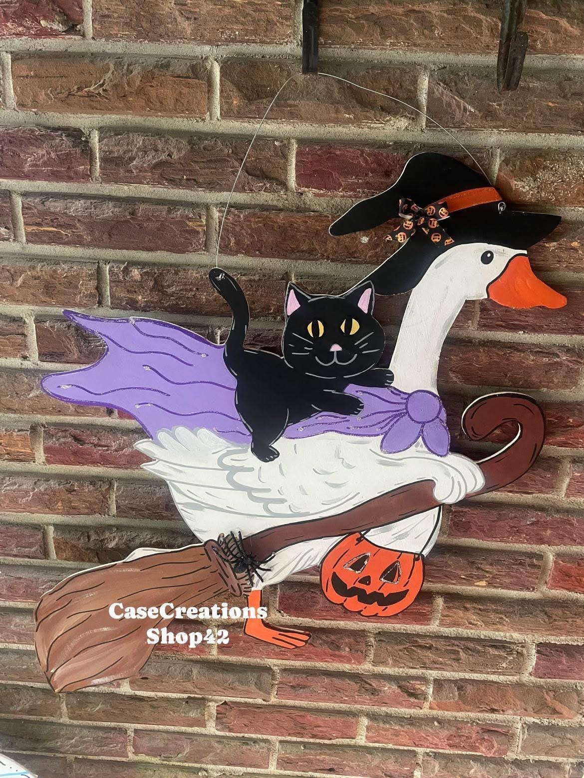Hand Painted Witch Goose Door Hanger, Halloween Decor