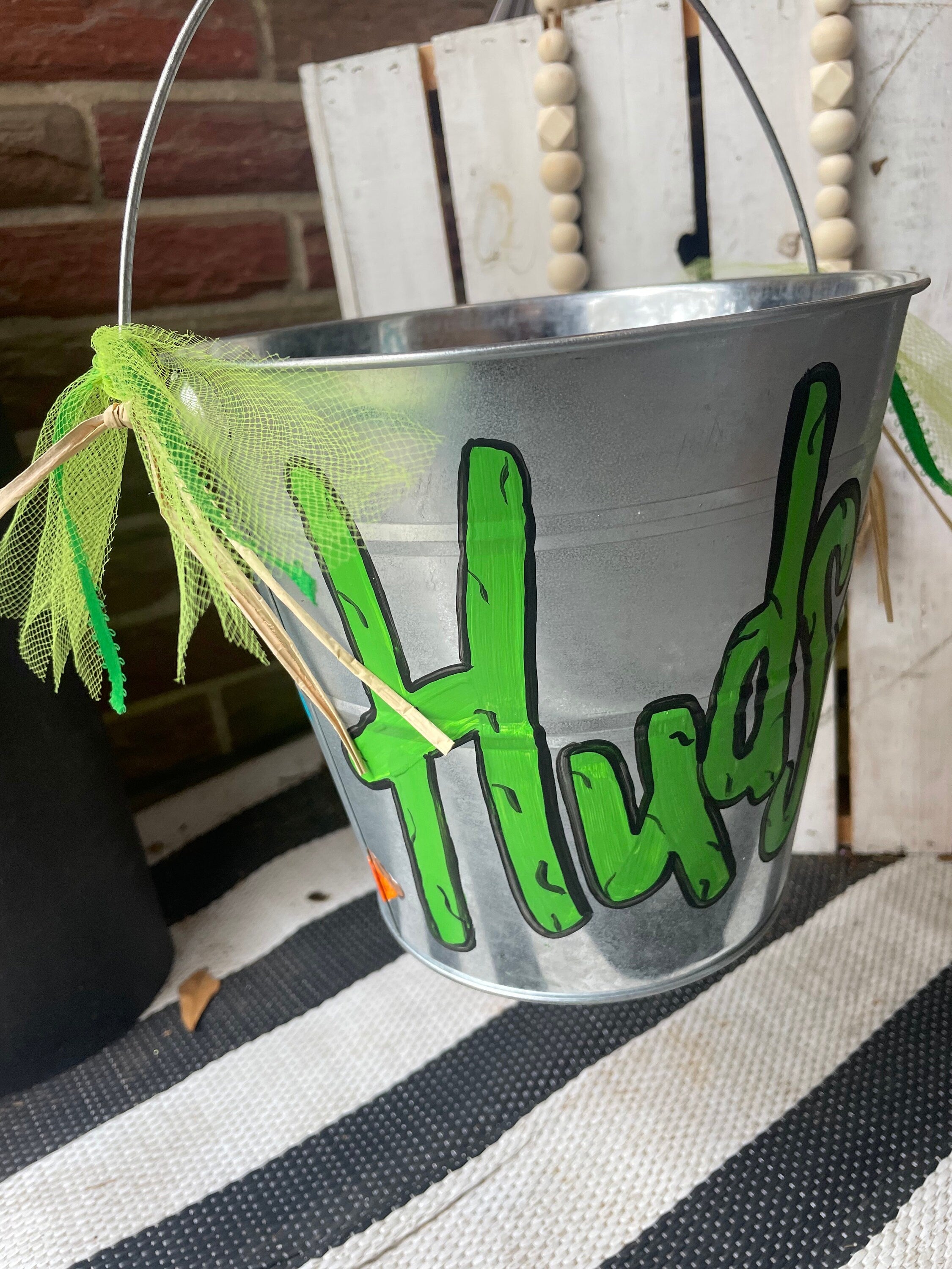 Painted personalized buckets, Halloween baskets,  Galvanized metal Halloween Buckets, Hand Painted easter Pails, Hand Painted with name
