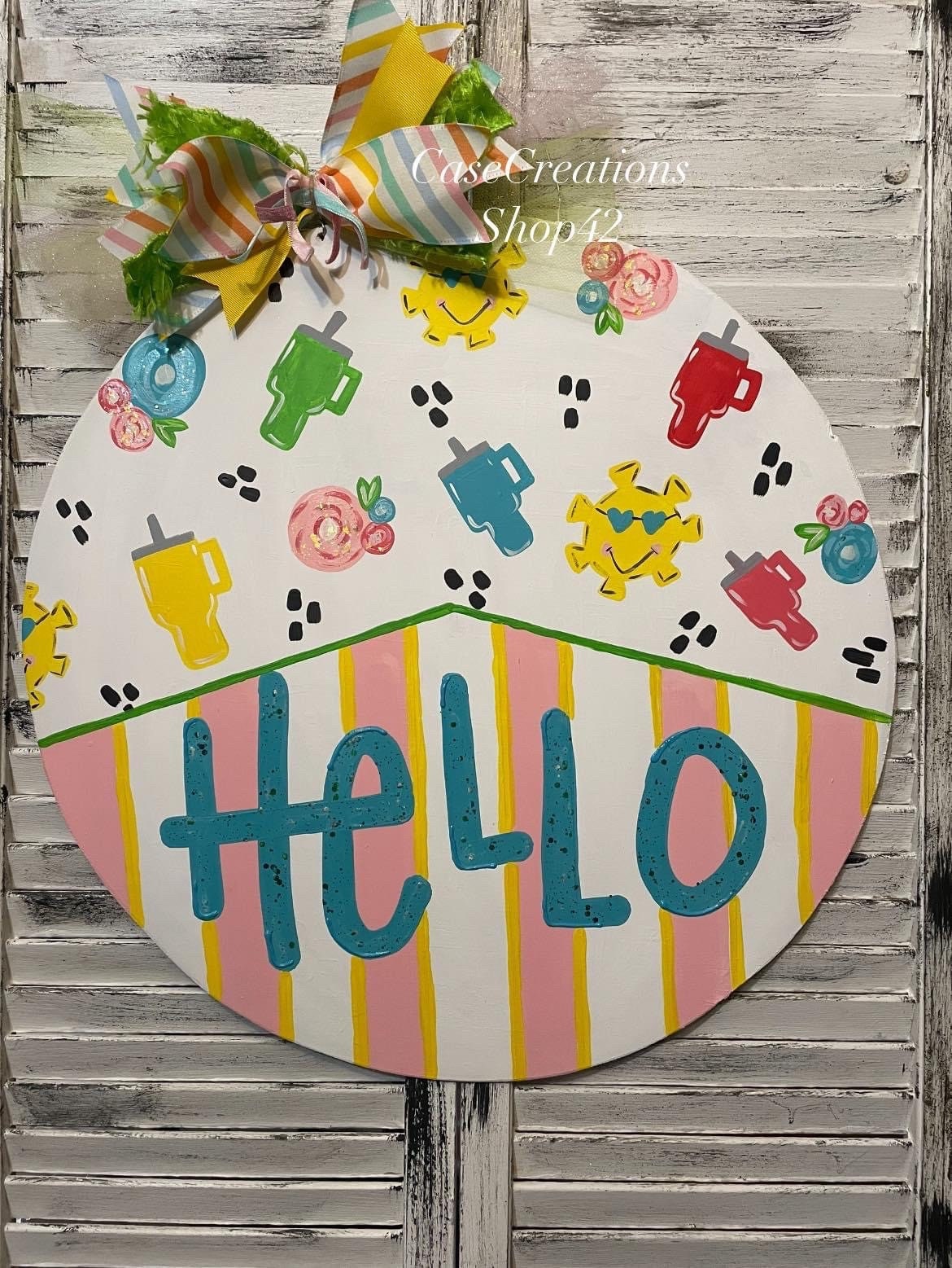 Hand Painted Summer Door Hanger, Hello, Colorful Drink Tumblers