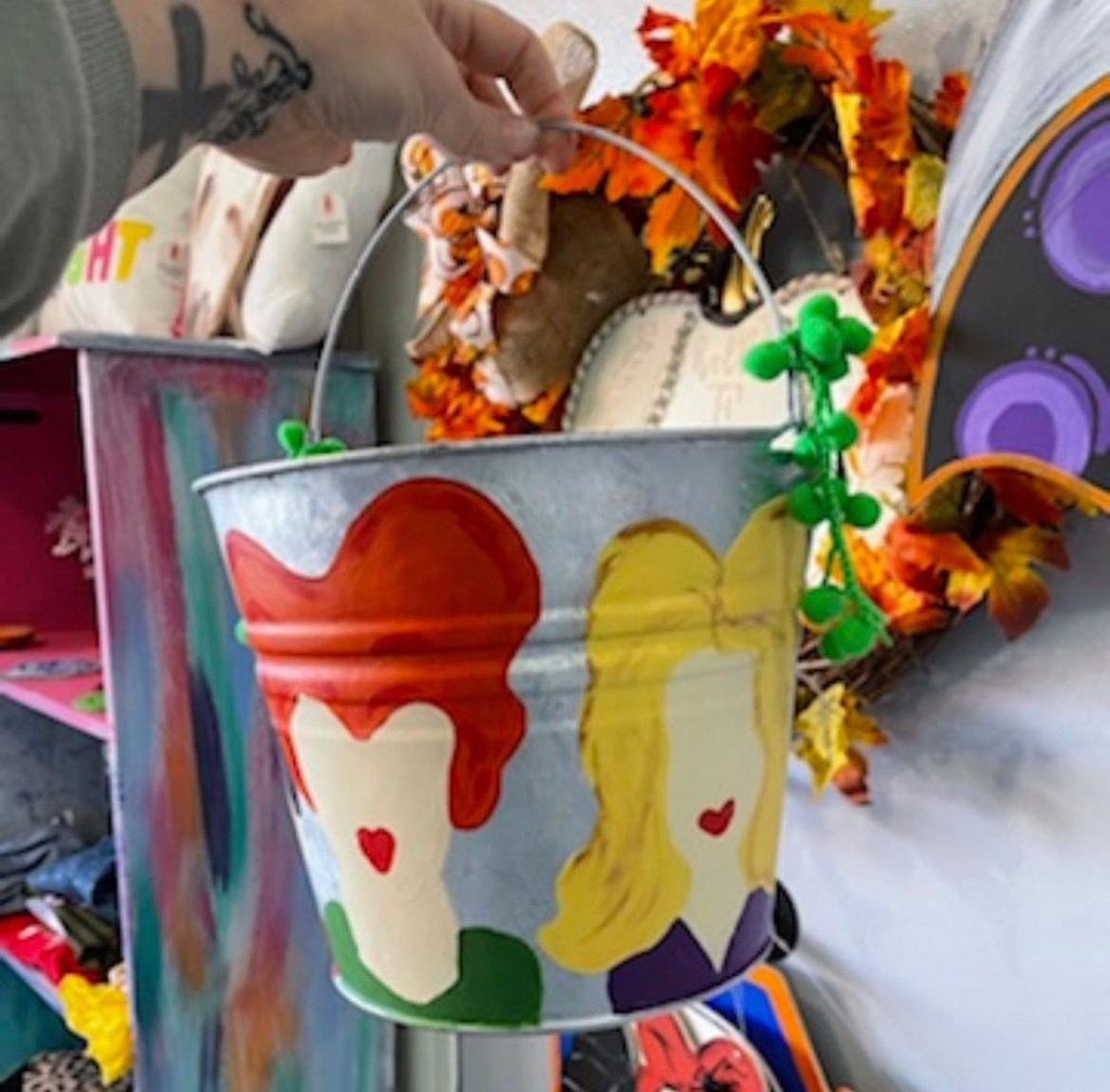 Painted personalized buckets, Halloween baskets,  Galvanized metal Halloween Buckets, Hand Painted easter Pails, Hand Painted with name