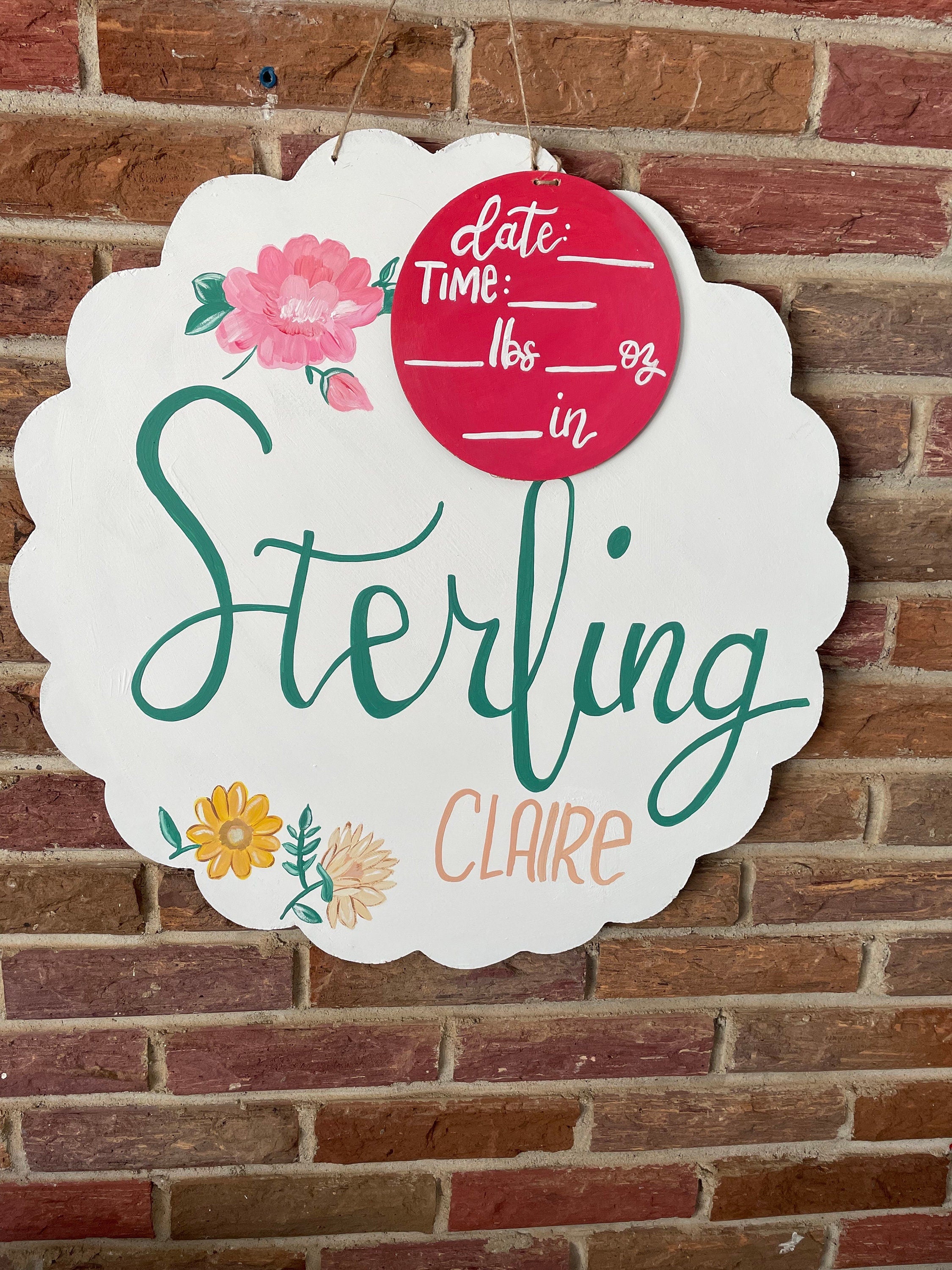 Hand Painted Flower Baby Girl Announcement Sign, Wood Hospital Door Hanger