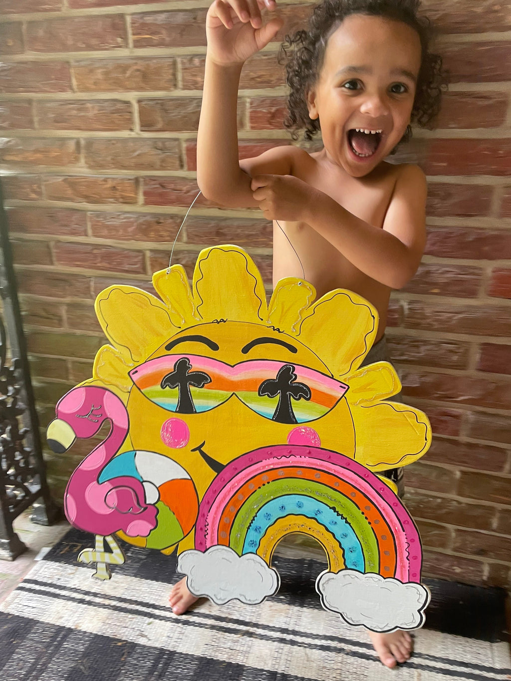 Hand Painted Sunny Flamingo Plywood Door Hanger, Summer Rainbow Decor (22")