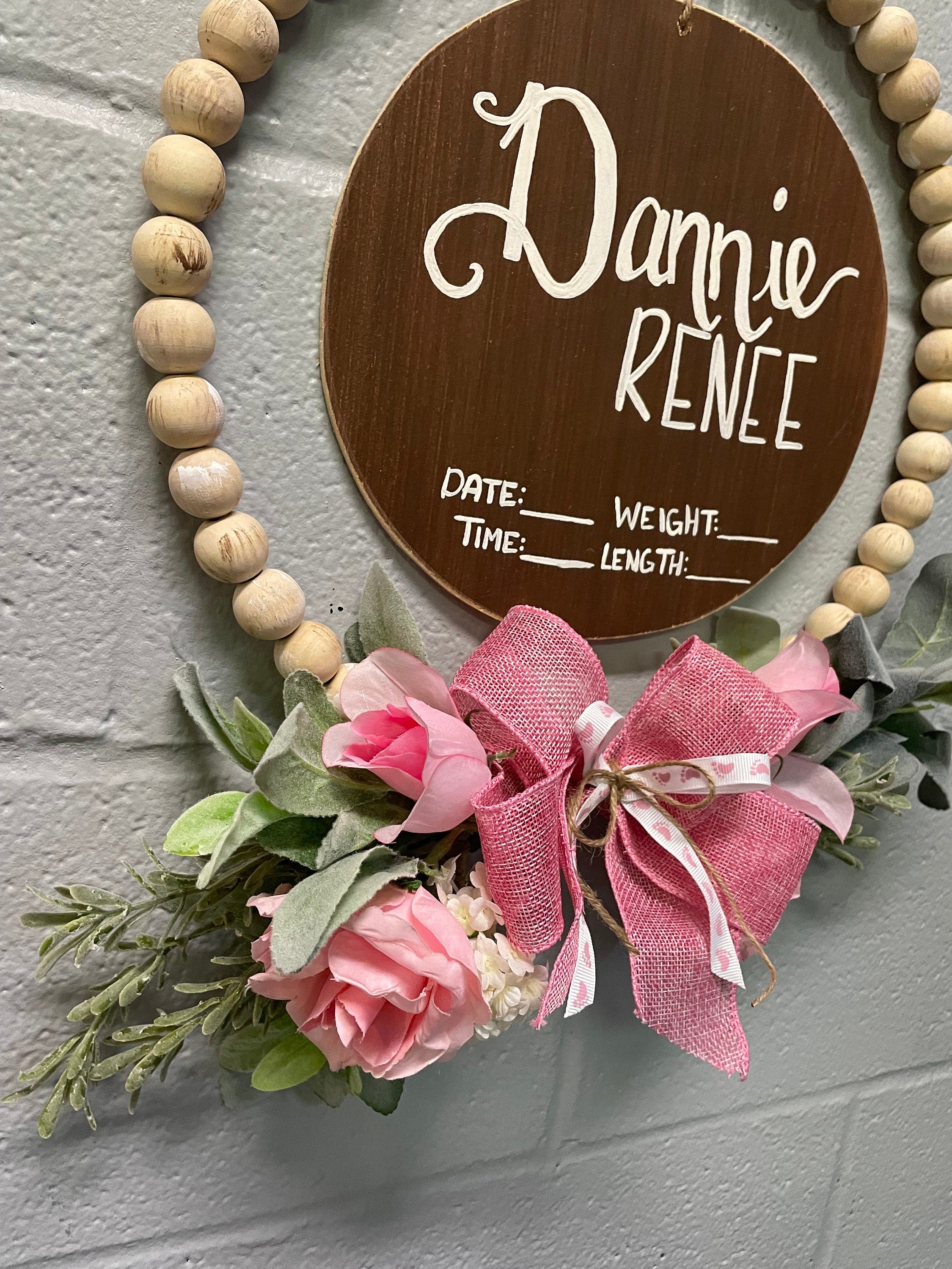 Personalized Beaded Baby Announcement Hanger, Floral Nursery Decor