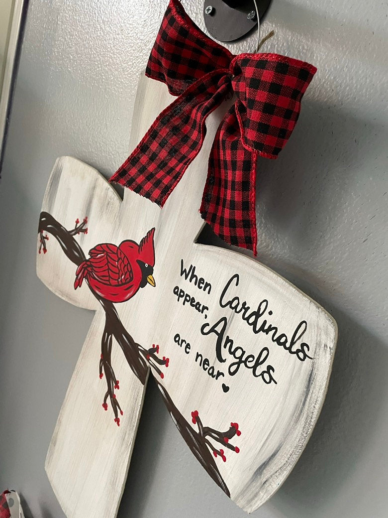 Cardinal Cross door hanger, Christmas door hanger, Cross door hanger, Cardinal memory door hanger