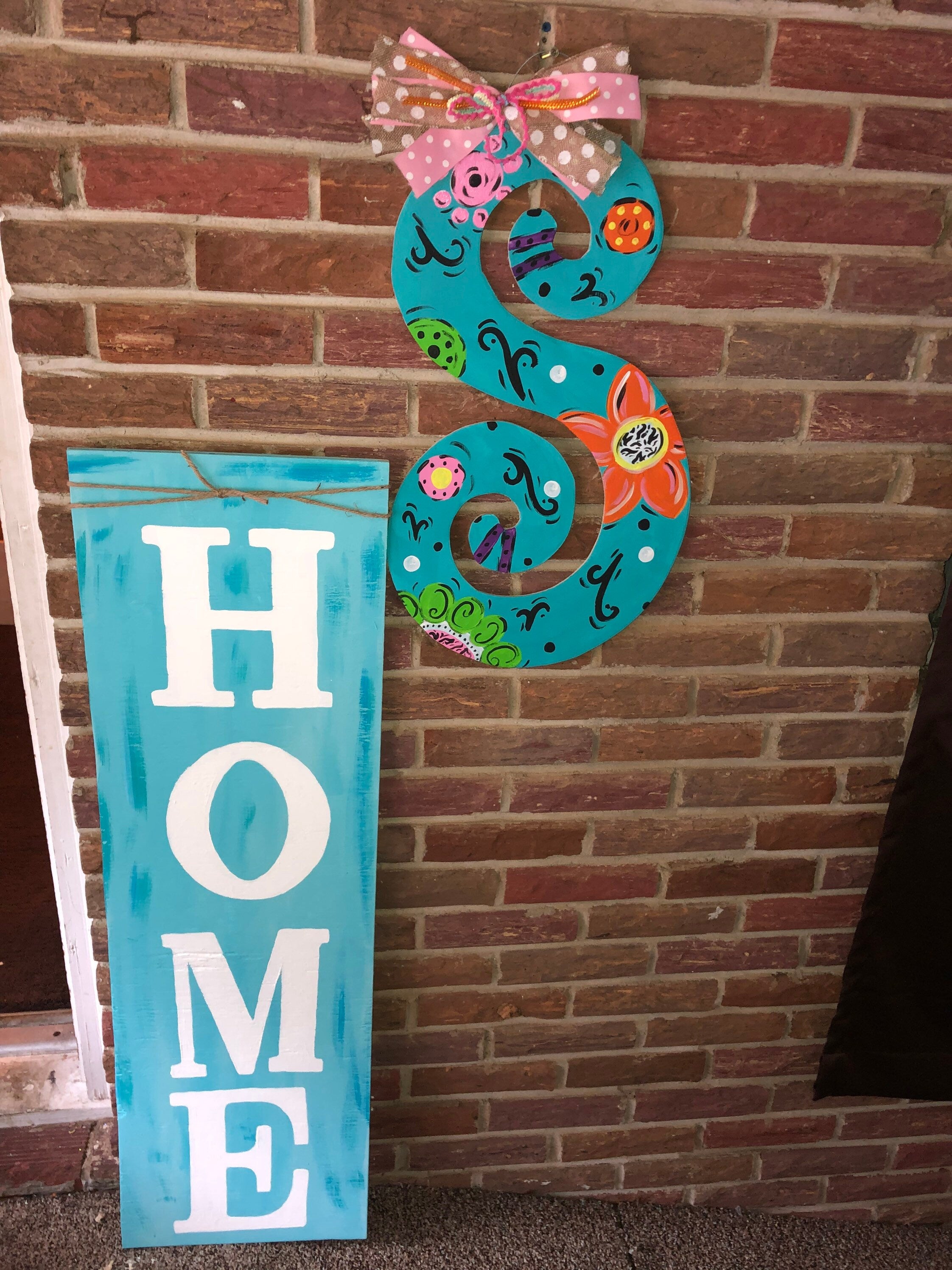 Teal Floral Letter Door Hanger, Hand-Painted Initial, Alabama Made