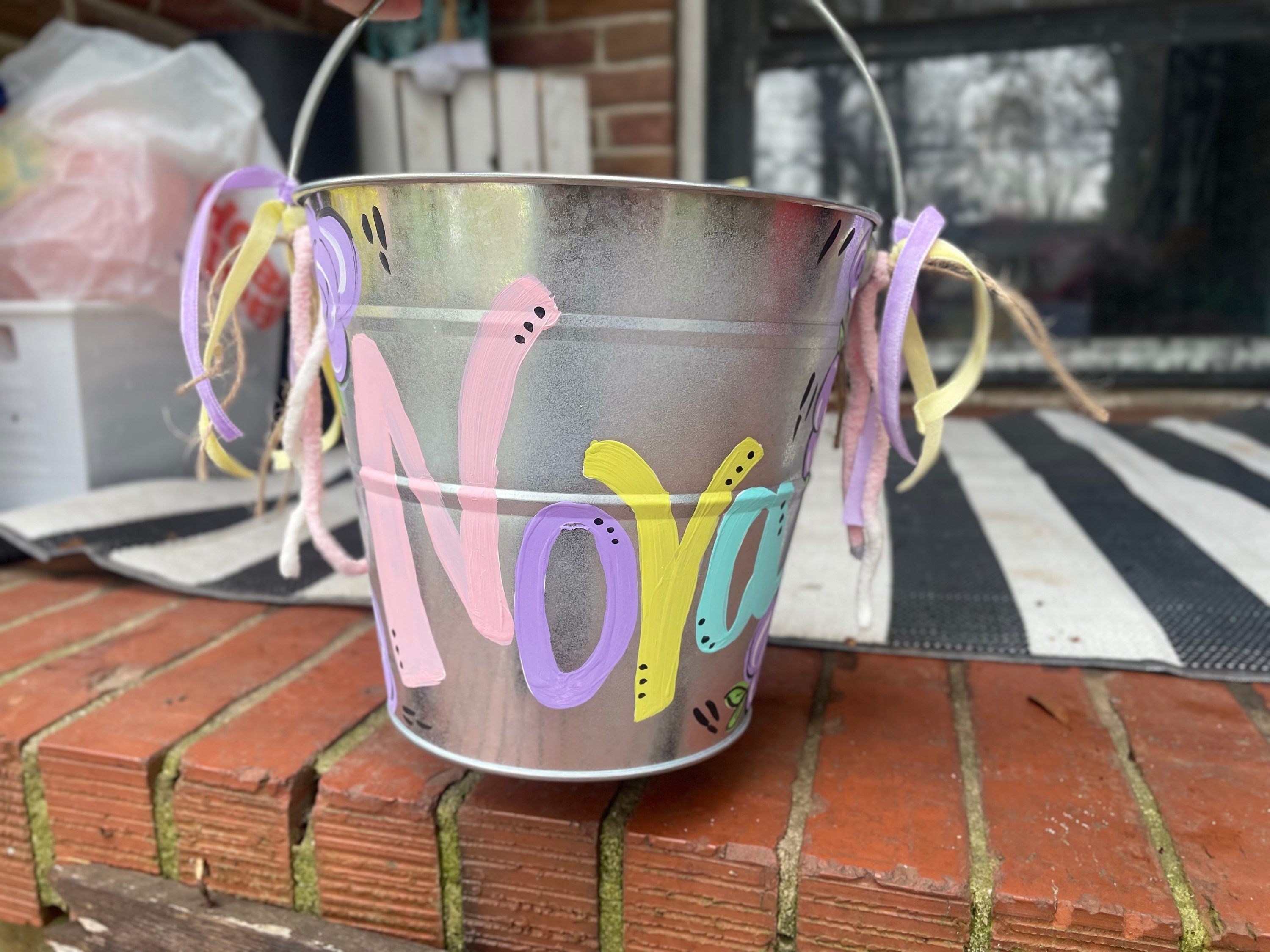 Painted personalized buckets, Halloween baskets,  Galvanized metal Halloween Buckets, Hand Painted easter Pails, Hand Painted with name